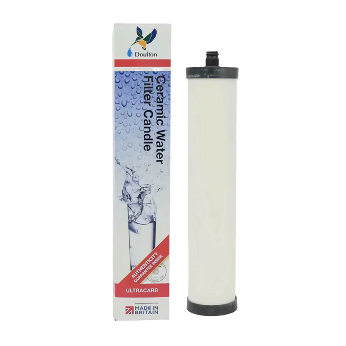 Ultracarb ceramic water filter element with black end caps, designed to reduce chlorine, bacteria, cysts, sediment, and heavy metals, suitable for appliances, emergency supplies, and water treatment collections.