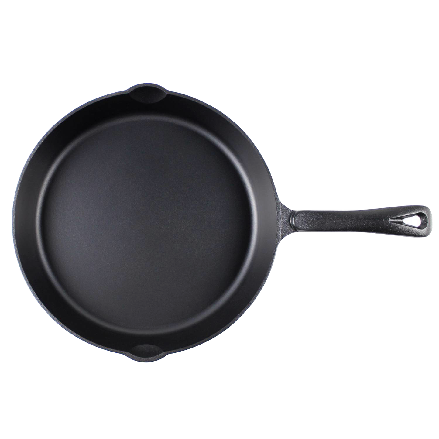 Handcrafted nitrided cast iron skillet with dual pour spouts and long handle, offering a durable, stick-resistant surface for camping and outdoor use in Kitchen & Food, Camping, and Cast Iron collections.