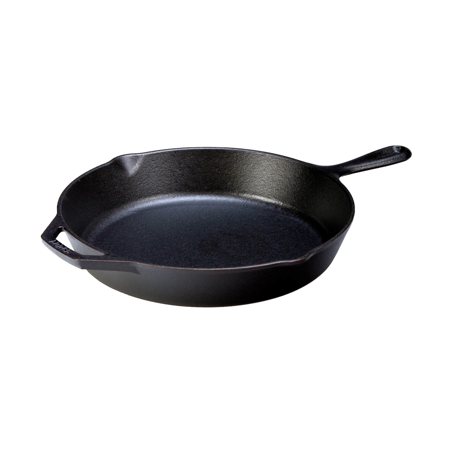 Handcrafted black pre-seasoned cast iron skillet with ergonomic handle and spouts on each side, offering exceptional heat retention and durability for Kitchen & Food, Cookware, Cast Iron, Best Sellers, Promo Eligible collections.