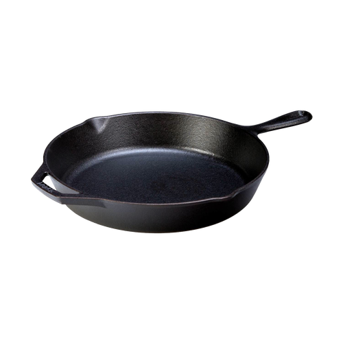 Handcrafted black pre-seasoned cast iron skillet with ergonomic handle and spouts on each side, offering exceptional heat retention and durability for Kitchen & Food, Cookware, Cast Iron, Best Sellers, Promo Eligible collections.