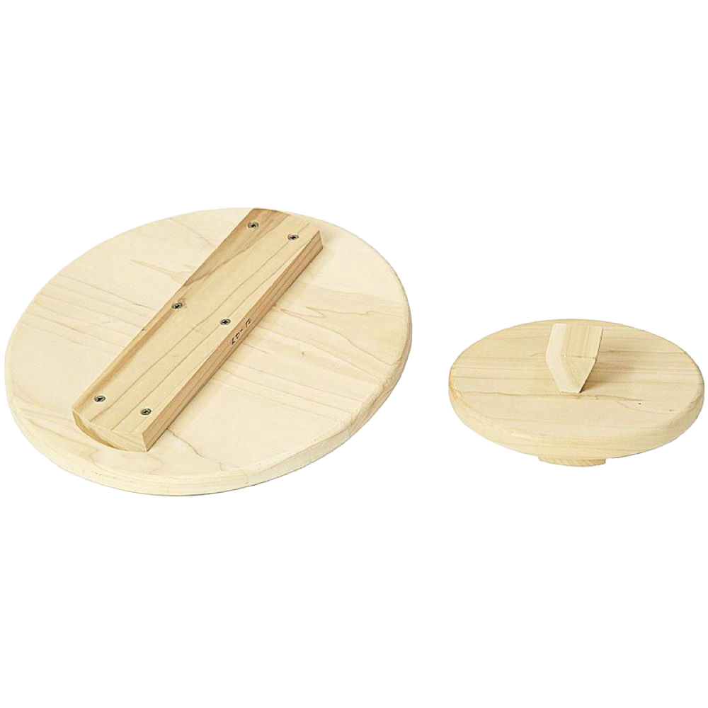 Set of two handcrafted unfinished poplar wooden lids for crocks, designed for food preservation and fermenting, made in USA, featured in Kitchen & Food and Best Sellers collections.