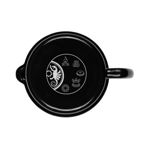 Top view of a black enameled steel milk pot with handle, featuring white icons for campfire, coil burner, grill, and coffee cup, designed for Farm, Garden & Tool, Kitchen & Food, Camping, Cookware, and Best Sellers collections.