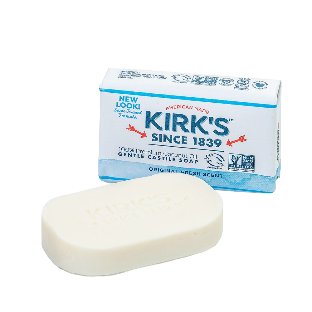 Bar of gentle castile soap made with 100% premium coconut oil, shown alongside its American-made packaging, ideal for Health & Wellness, Grooming and Personal Hygiene, Soaps, USA Made, and Best Sellers collections.