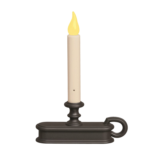 Handcrafted 2-in-1 cordless LED candle with switchable amber and warm white flame colors, featuring a matte black metal holder with loop handle, ideal for Home & Decor and Holiday collections.