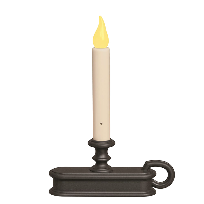 Handcrafted 2-in-1 cordless LED candle with switchable amber and warm white flame colors, featuring a matte black metal holder with loop handle, ideal for Home & Decor and Holiday collections.