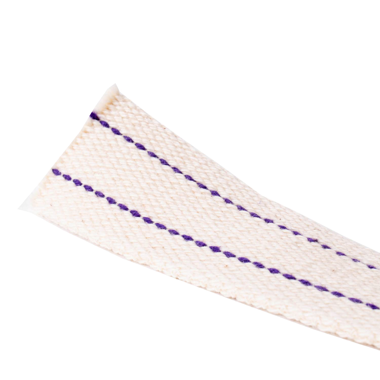 Close-up of a woven white cotton flat wick with two parallel purple stitching lines, designed for use with oil lamps in Lamps & Lighting, Oil Lamps, Table Lamps, Best Sellers, and Promo Eligible collections.