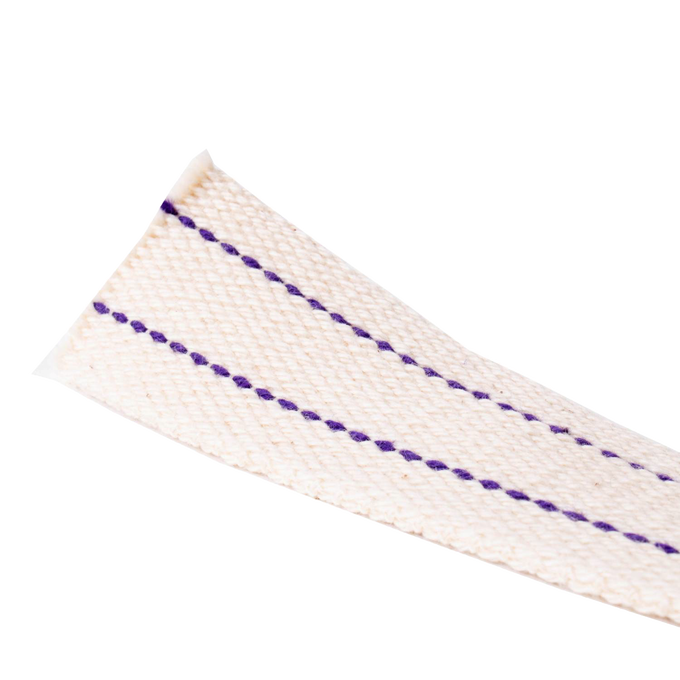 Close-up of a woven white cotton flat wick with two parallel purple stitching lines, designed for use with oil lamps in Lamps & Lighting, Oil Lamps, Table Lamps, Best Sellers, and Promo Eligible collections.
