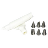 White plastic decorating bag with six stainless steel piping tips and a coupler, handcrafted for precise cake and pastry decorating in Kitchen & Food, Baking Supplies, and Cookware collections.