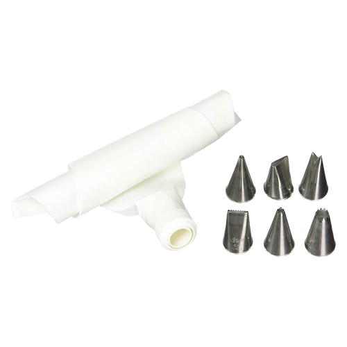 White plastic decorating bag with six stainless steel piping tips and a coupler, handcrafted for precise cake and pastry decorating in Kitchen & Food, Baking Supplies, and Cookware collections.