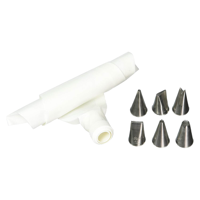 White plastic decorating bag with six stainless steel piping tips and a coupler, handcrafted for precise cake and pastry decorating in Kitchen & Food, Baking Supplies, and Cookware collections.