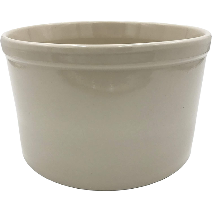 Cream-colored stoneware crock with wide opening and smooth finish, handcrafted for Kitchen & Food, Food Preservation, Fermenting and Pickling, and Best Sellers collections.