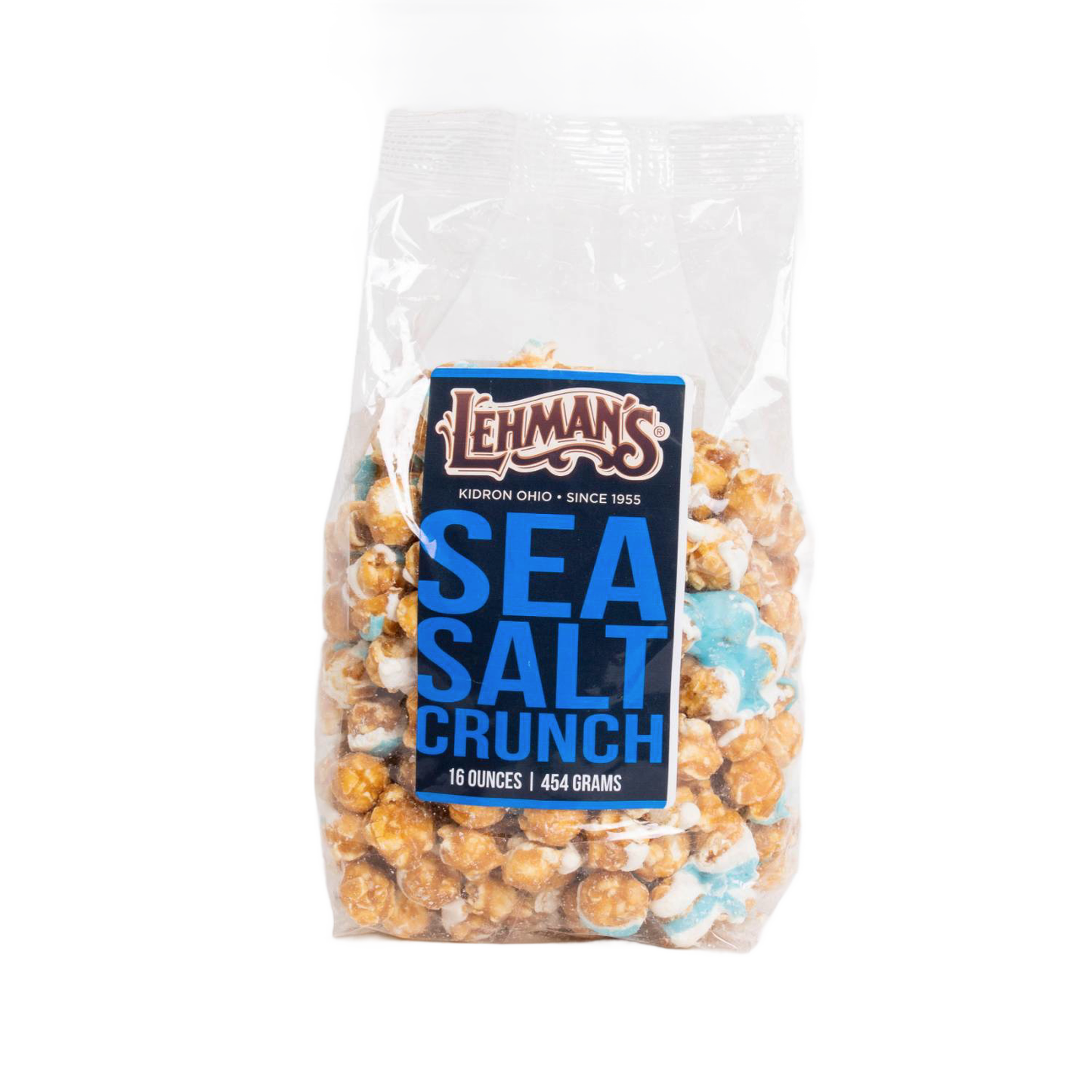 Clear bag of handcrafted caramel popcorn featuring a sea salt crunch flavor with a hint of blue-tinted mix-ins, a unique sweet and savory snack made in USA, ideal for Kitchen & Food, Snacks and Sweets, Popcorn, USA Made, Best Sellers, and Promo Eligible collections.