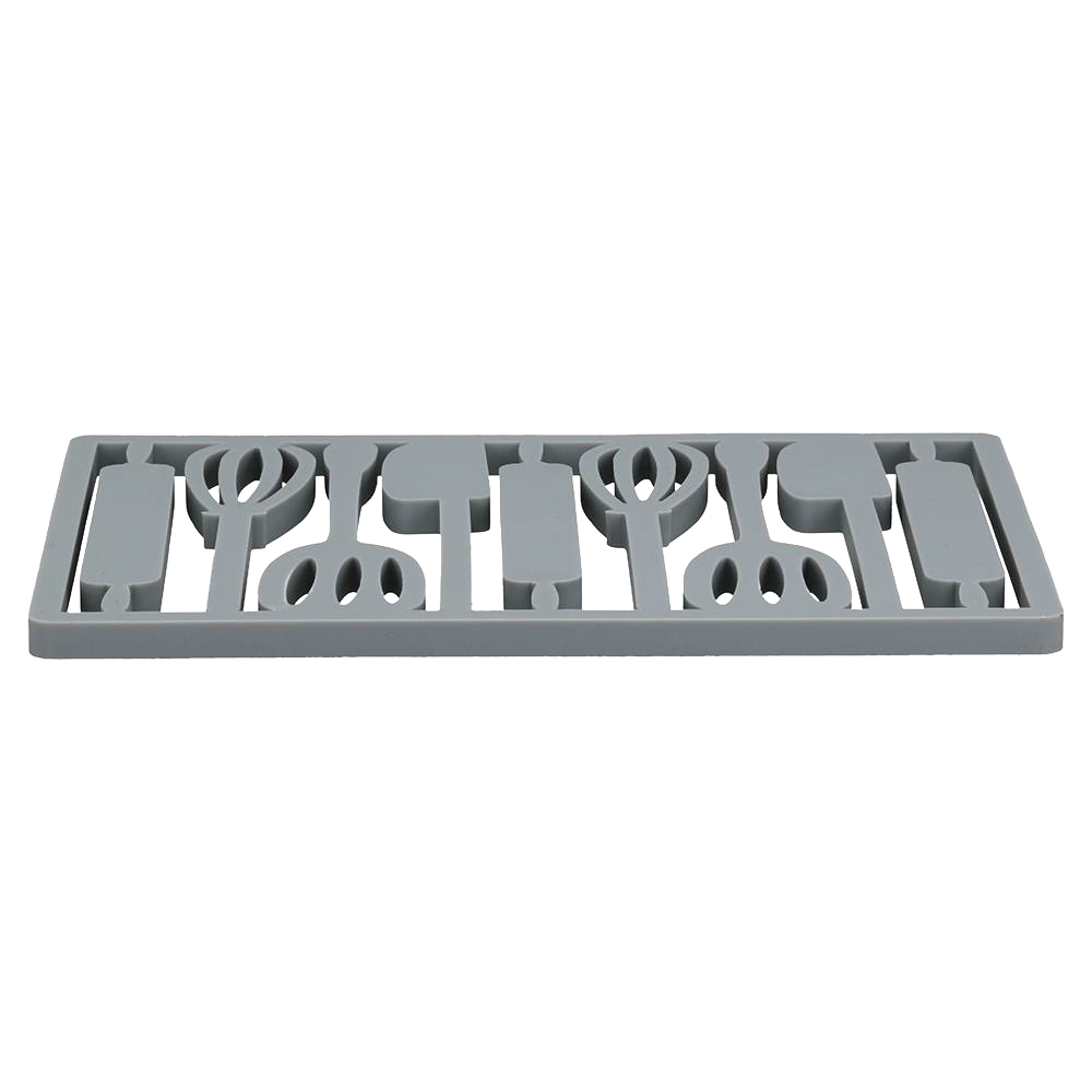 Rectangular silicone trivet in gray with a raised utensil pattern for heat protection, suitable for Kitchen & Food, Dinnerware, Holiday Hosting, and Kitchen Gadgets collections.