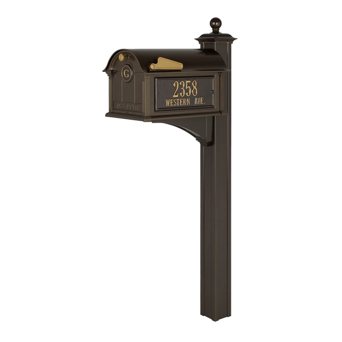 Handcrafted Whitehall monogram mailbox in bronze and gold tones with personalized street address, designed to enhance curb appeal in Home & Decor and USA Made collections.