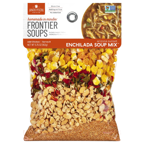 Clear bag of handcrafted gluten-free enchilada soup mix with natural dried ingredients including corn, beans, and spices; featured in Kitchen & Food, Pantry, Dry Goods and Mixes, Soups, Best Sellers, and Promo Eligible collections.