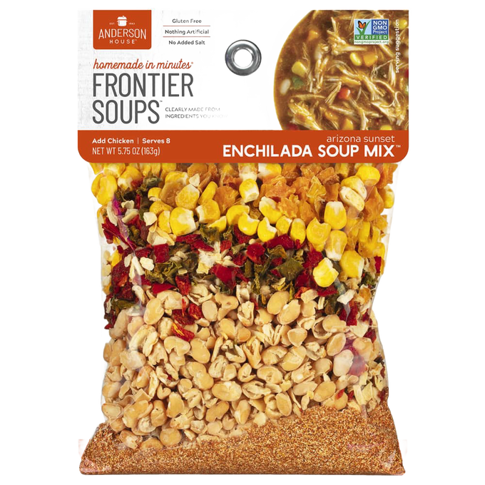Clear bag of handcrafted gluten-free enchilada soup mix with natural dried ingredients including corn, beans, and spices; featured in Kitchen & Food, Pantry, Dry Goods and Mixes, Soups, Best Sellers, and Promo Eligible collections.