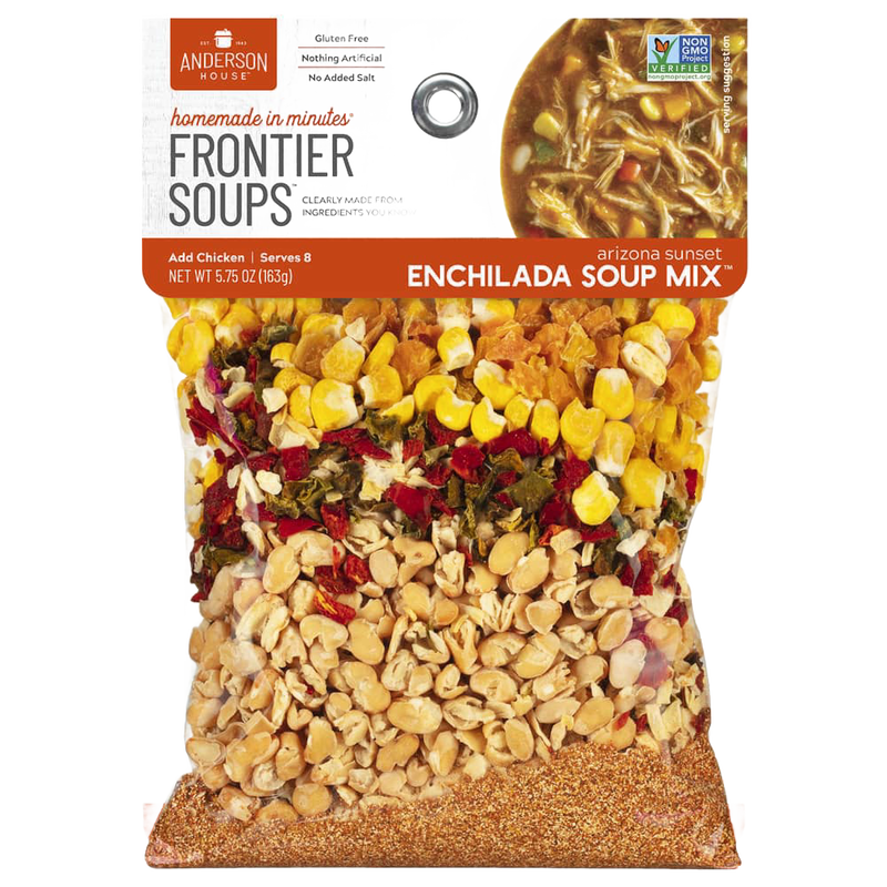 Clear bag of handcrafted gluten-free enchilada soup mix with natural dried ingredients including corn, beans, and spices; featured in Kitchen & Food, Pantry, Dry Goods and Mixes, Soups, Best Sellers, and Promo Eligible collections.