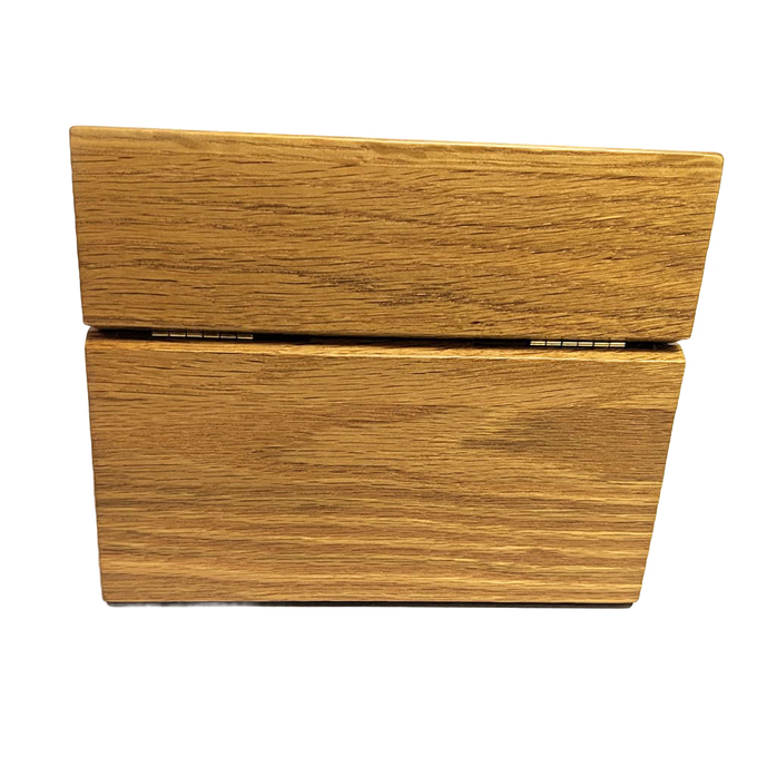 Handcrafted solid oak recipe box with a smooth protective finish and recessed hinges, designed for Kitchen & Food, Cooking, Storage and Serving, USA Made, and Best Sellers collections.