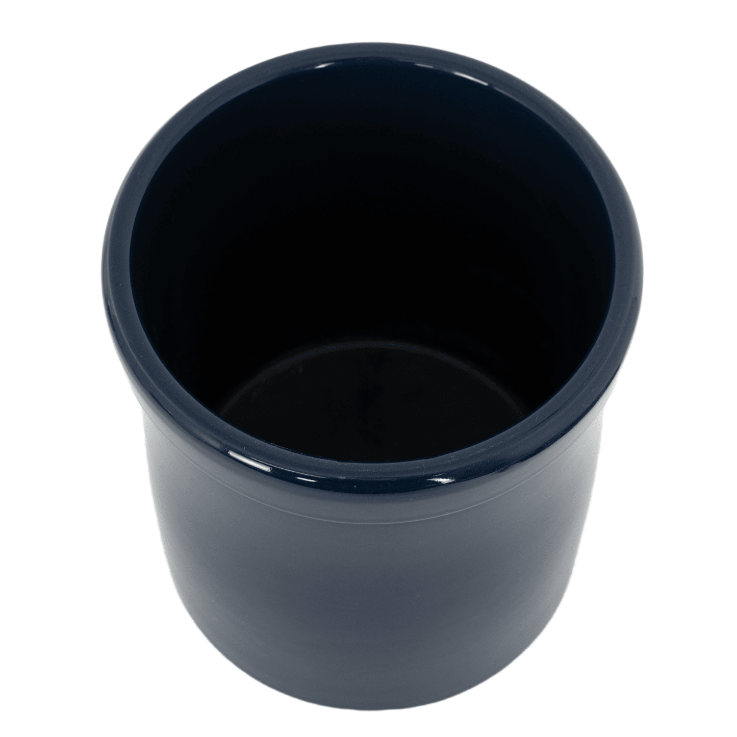 Blue stoneware crock with smooth, food-safe glaze and round rim, handcrafted in the USA for kitchen use, fermenting, and food preservation tasks.