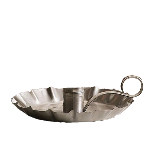 Handcrafted vintage-style metal candle holder with fluted edge and round handle, suitable for dripless candles, featured in Farm, Garden & Tool, Lamps & Lighting, and USA Made collections.