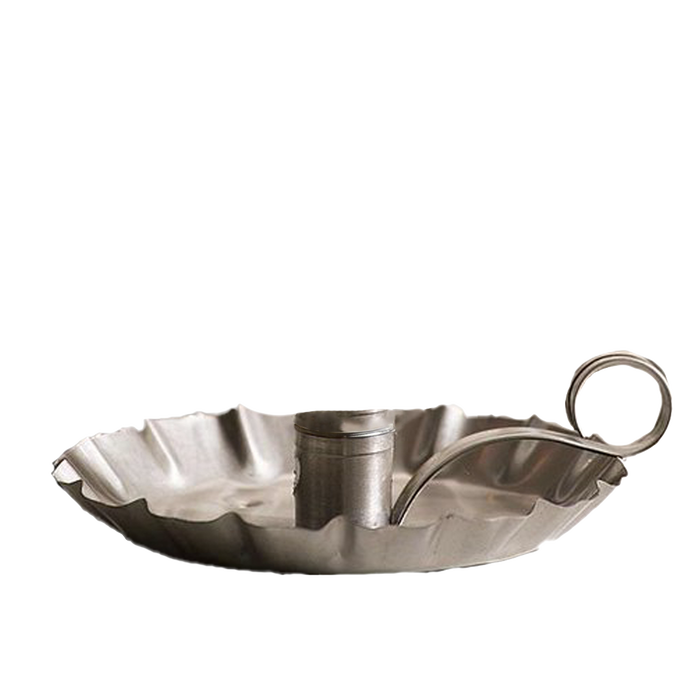 Handcrafted vintage-style metal candle holder with fluted edge and round handle, suitable for dripless candles, featured in Farm, Garden & Tool, Lamps & Lighting, and USA Made collections.