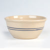 Handcrafted 14-inch stoneware mixing bowl in cream with blue stripe, durable and lead-free, made in the USA, ideal for Kitchen & Food, Cookware, and Baking Supplies collections.