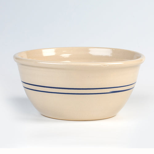 Handcrafted 14-inch stoneware mixing bowl in cream with blue stripe, durable and lead-free, made in the USA, ideal for Kitchen & Food, Cookware, and Baking Supplies collections.