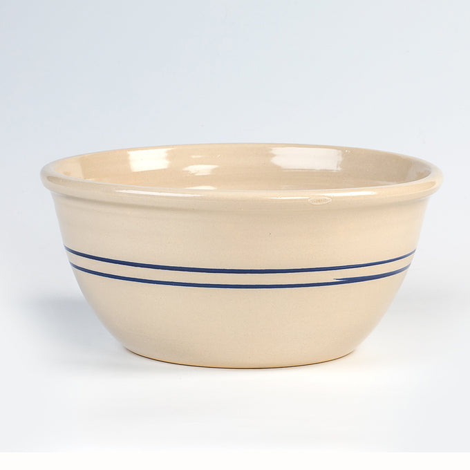 Handcrafted 14-inch stoneware mixing bowl in cream with blue stripe, durable and lead-free, made in the USA, ideal for Kitchen & Food, Cookware, and Baking Supplies collections.