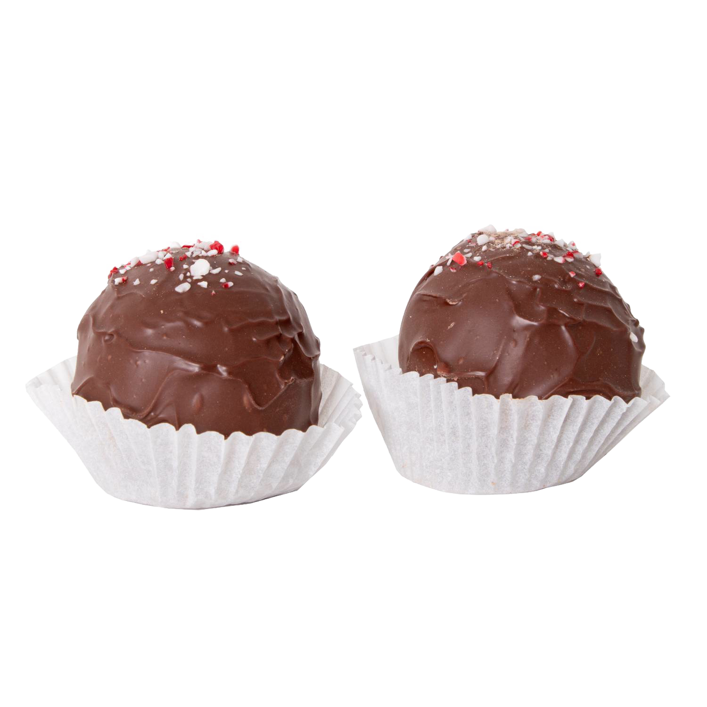 Handcrafted hot chocolate spheres with crushed peppermint candy topping, placed in white paper cups, ideal for Kitchen & Food, Snacks and Sweets, Beverages, USA Made, and Best Sellers collections.