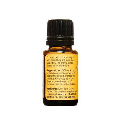 Amber glass bottle with black cap containing handcrafted cinnamon leaf essential oil, made in USA, ideal for aromatherapy, soapmaking, candlemaking, and health remedies collections.