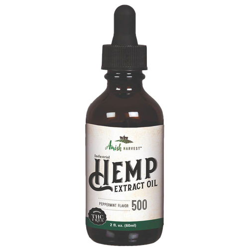 Amber glass dropper bottle of handcrafted peppermint-flavored hemp extract oil, THC free, organically grown, made in USA, featured in Health & Wellness, Health Remedies, Best Sellers, and Promo Eligible collections.