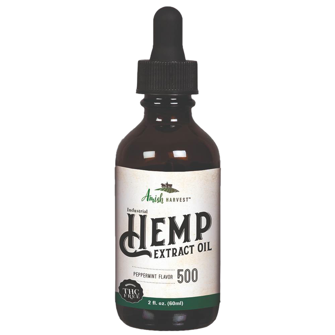 Amber glass dropper bottle of handcrafted peppermint-flavored hemp extract oil, THC free, organically grown, made in USA, featured in Health & Wellness, Health Remedies, Best Sellers, and Promo Eligible collections.