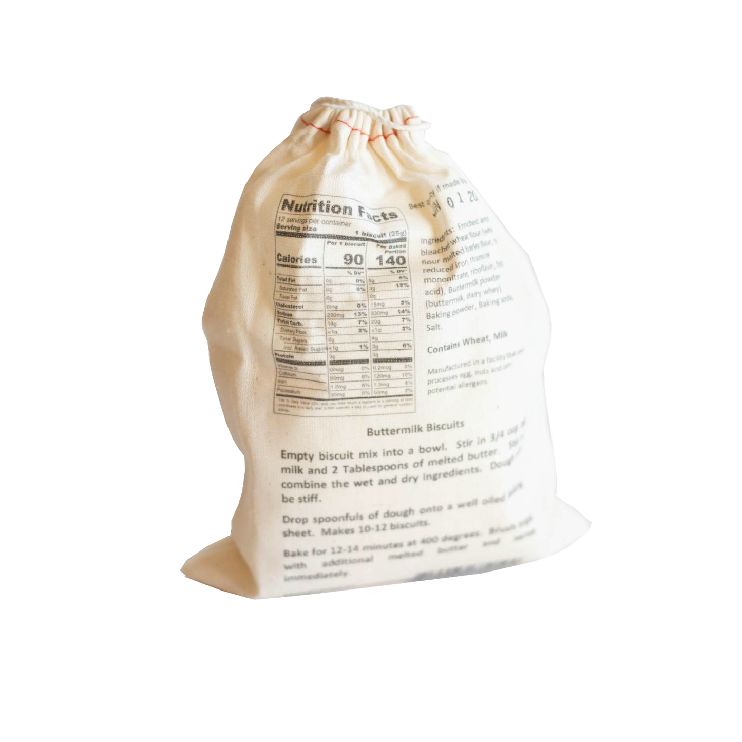 Handcrafted cloth pouch containing exclusive Lehman's biscuit mix with printed nutrition facts and baking instructions, ideal for Kitchen & Food, Pantry, and Dry Goods collections.