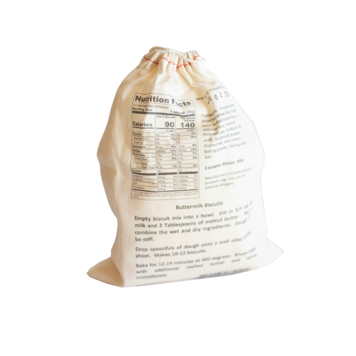 Handcrafted cloth pouch containing exclusive Lehman's biscuit mix with printed nutrition facts and baking instructions, ideal for Kitchen & Food, Pantry, and Dry Goods collections.