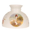 Opaque white glass lamp shade featuring a painted lighthouse scene with trees and birds, designed to soften light for Aladdin oil lamps, ideal for Lamps & Lighting and Lamp Shades collections.