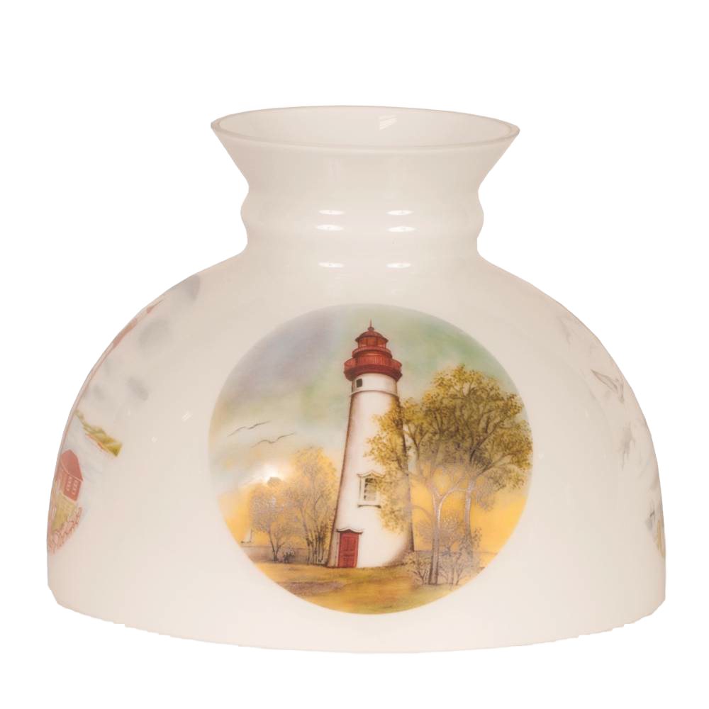 Opaque white glass lamp shade featuring a painted lighthouse scene with trees and birds, designed to soften light for Aladdin oil lamps, ideal for Lamps & Lighting and Lamp Shades collections.