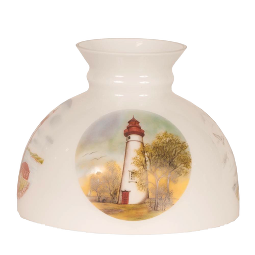 Opaque white glass lamp shade featuring a painted lighthouse scene with trees and birds, designed to soften light for Aladdin oil lamps, ideal for Lamps & Lighting and Lamp Shades collections.