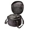 Sturdy black transport bag with padded protection and zippered compartments, designed for securely carrying Dutch ovens, ideal for camping, gardening, and outdoor tool use.