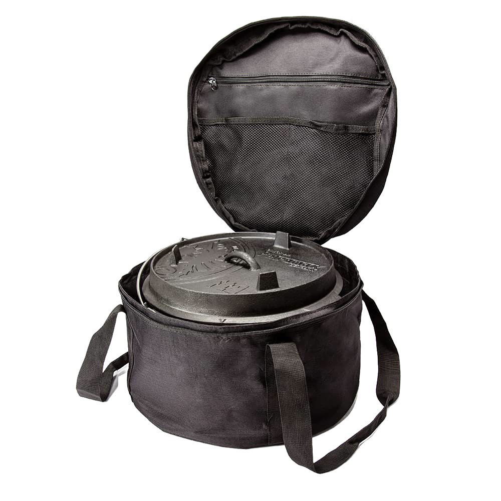 Sturdy black transport bag with padded protection and zippered compartments, designed for securely carrying Dutch ovens, ideal for camping, gardening, and outdoor tool use.