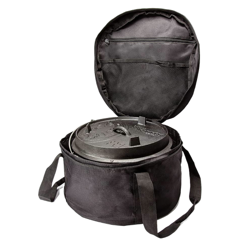 Sturdy black transport bag with padded protection and zippered compartments, designed for securely carrying Dutch ovens, ideal for camping, gardening, and outdoor tool use.
