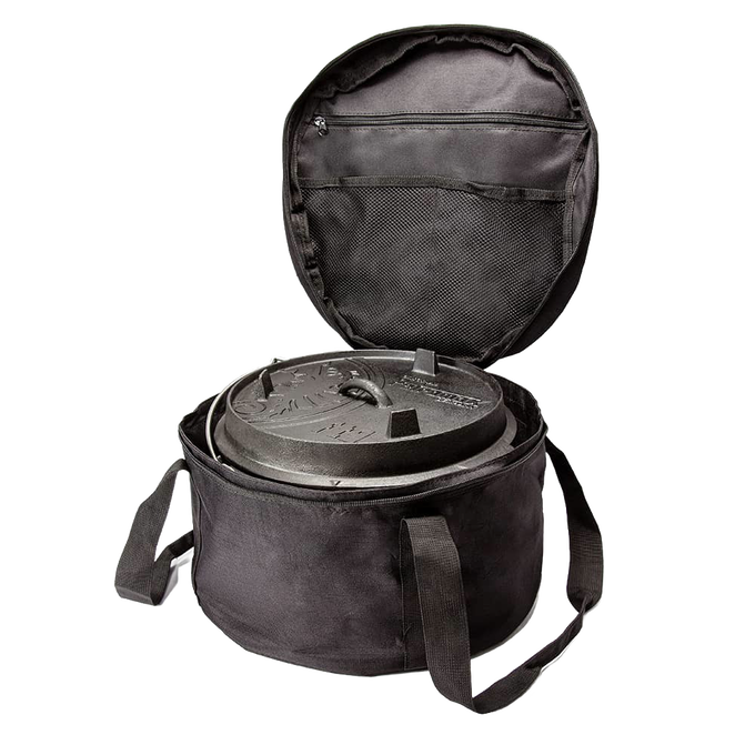 Sturdy black transport bag with padded protection and zippered compartments, designed for securely carrying Dutch ovens, ideal for camping, gardening, and outdoor tool use.
