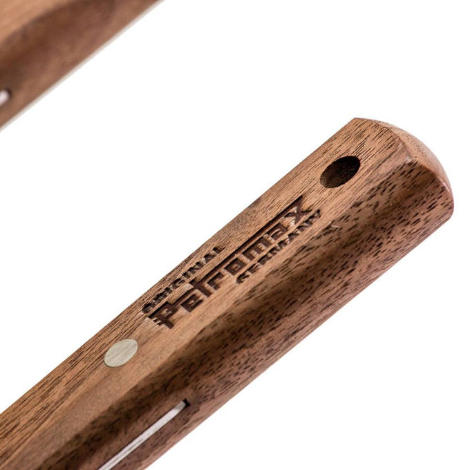 Close-up of a smooth walnut wood handle with an engraved logo, designed for a flexible spatula used in grilling and cooking, perfect for Kitchen Gadgets and Cooking Helpers collections.