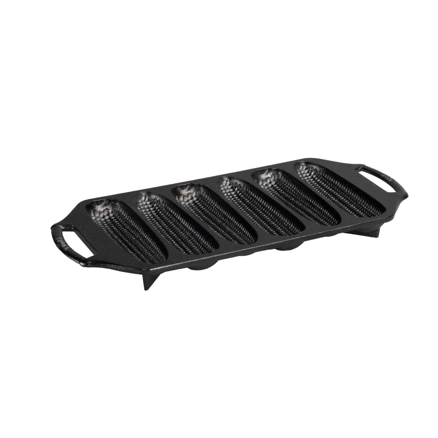 Seasoned cast iron cornstick pan with six ear-of-corn shaped molds, featuring dual handles and angled feet for oven stability, made in USA for Kitchen & Food, Cookware, Cast Iron, Best Sellers, and Promo Eligible collections.