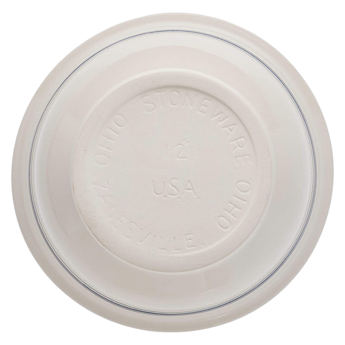 Bottom view of a cream-colored stoneware mixing bowl with embossed markings indicating it is handcrafted in Ohio, USA, perfect for Kitchen & Food, Cookware, and Baking Supplies collections.