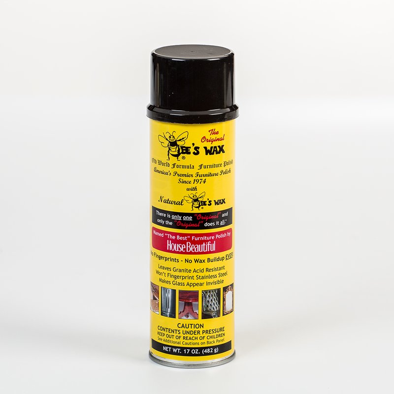 Yellow spray can of Bee's Wax Furniture Polish with black cap, highlighting a natural beeswax formula that resists fingerprints, avoids wax buildup, and protects wood and granite, featured in Home & Decor, Household Cleaning, Cleaners and Polishes, USA Made, Best Sellers, and Promo Eligible collections.