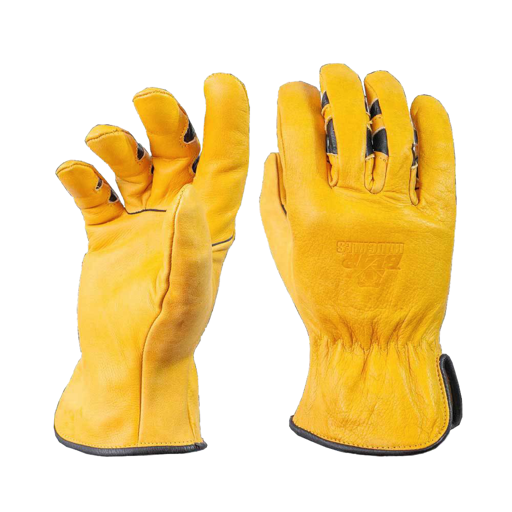 Pair of handcrafted yellow cowhide work gloves featuring an ergonomic curved finger design with patented double wedge construction and 1.0MM thick leather, ideal for Health & Wellness, Farm, Garden & Tool, Hand Tools and Hardware, Clothing and Accessories, Best Sellers, and Promo Eligible collections.