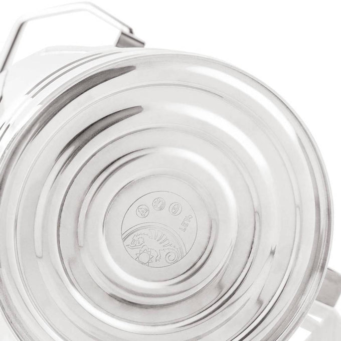 Top view of a polished stainless steel percolator lid featuring embossed design details, crafted for gentle brewing in Kitchen & Food, Camping, Brewing Coffee and Tea, and Best Sellers collections.