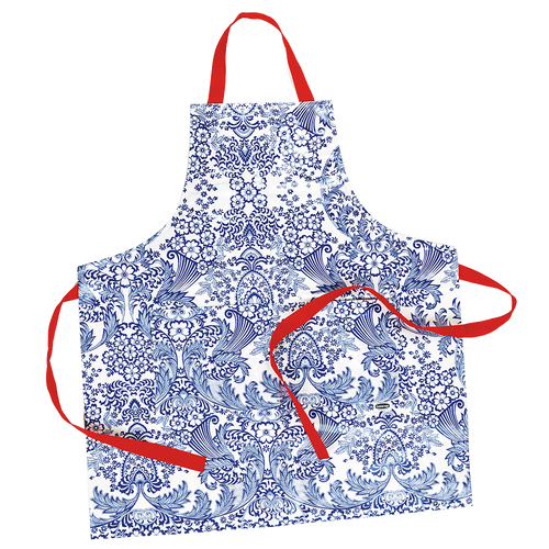Handcrafted vinyl apron with intricate blue floral retro print and bright red adjustable straps, featuring two large pockets, ideal for Kitchen & Food, Kitchen Gadgets, USA Made, and Best Sellers collections.