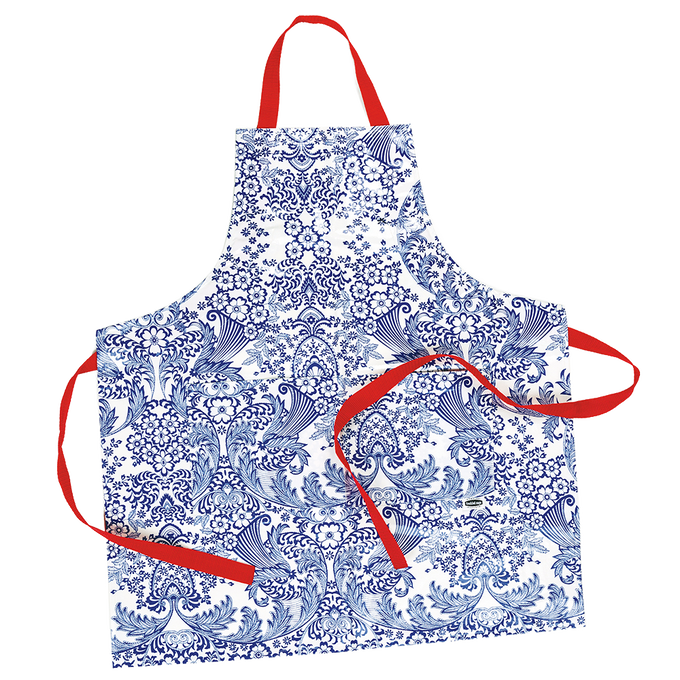 Handcrafted vinyl apron with intricate blue floral retro print and bright red adjustable straps, featuring two large pockets, ideal for Kitchen & Food, Kitchen Gadgets, USA Made, and Best Sellers collections.