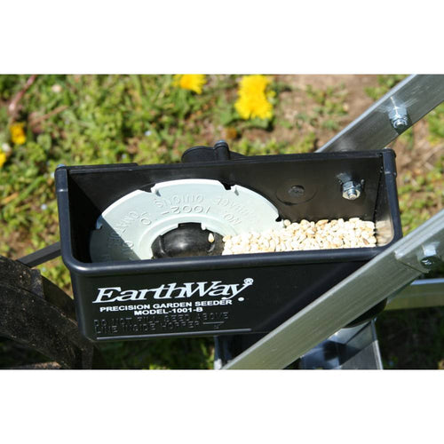Handcrafted versatile garden seeder with metal frame and EarthWay precision seed box filled with seeds, designed for accurate planting in Farm, Garden & Tool, Seeds and Planting, USA Made, and Best Sellers collections.